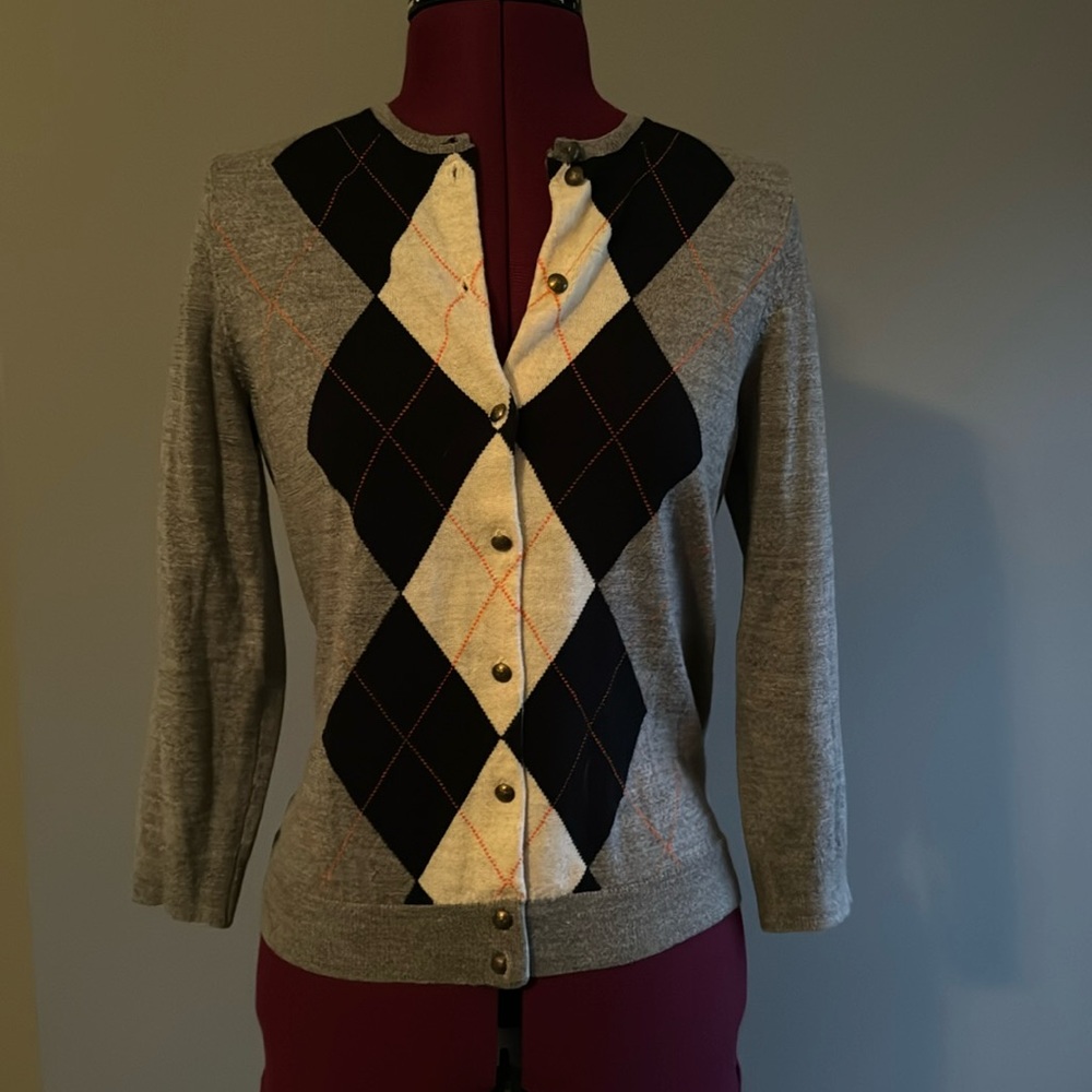 J. crew merino wool 3/4 sleeve argyle cardigan gray navy orange Small